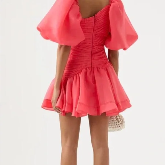 Aje Joan Dress Size 8 Pink Organza Rouched Puff Sleeve Mini - Picture 2 of 12